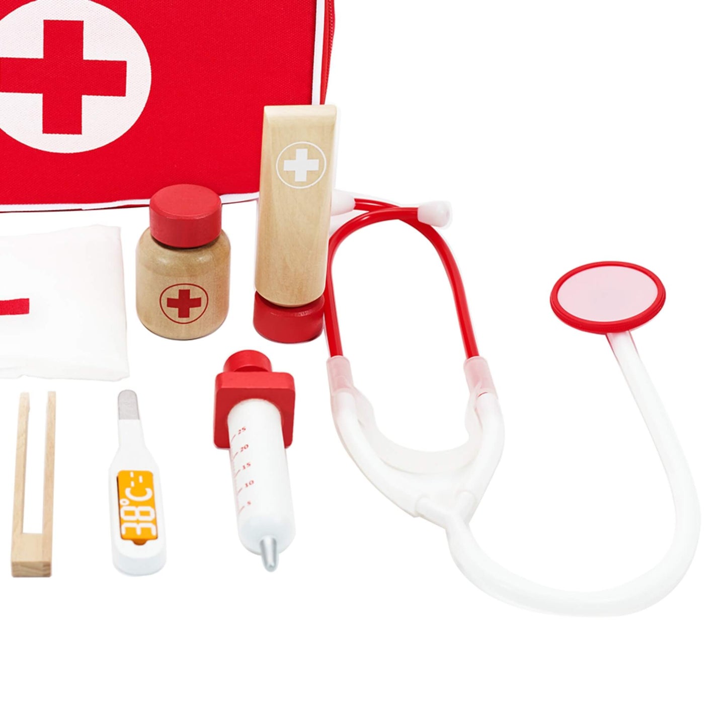Close-up of toy medical tools including wooden medicine bottles, stethoscope and inspection mirror.