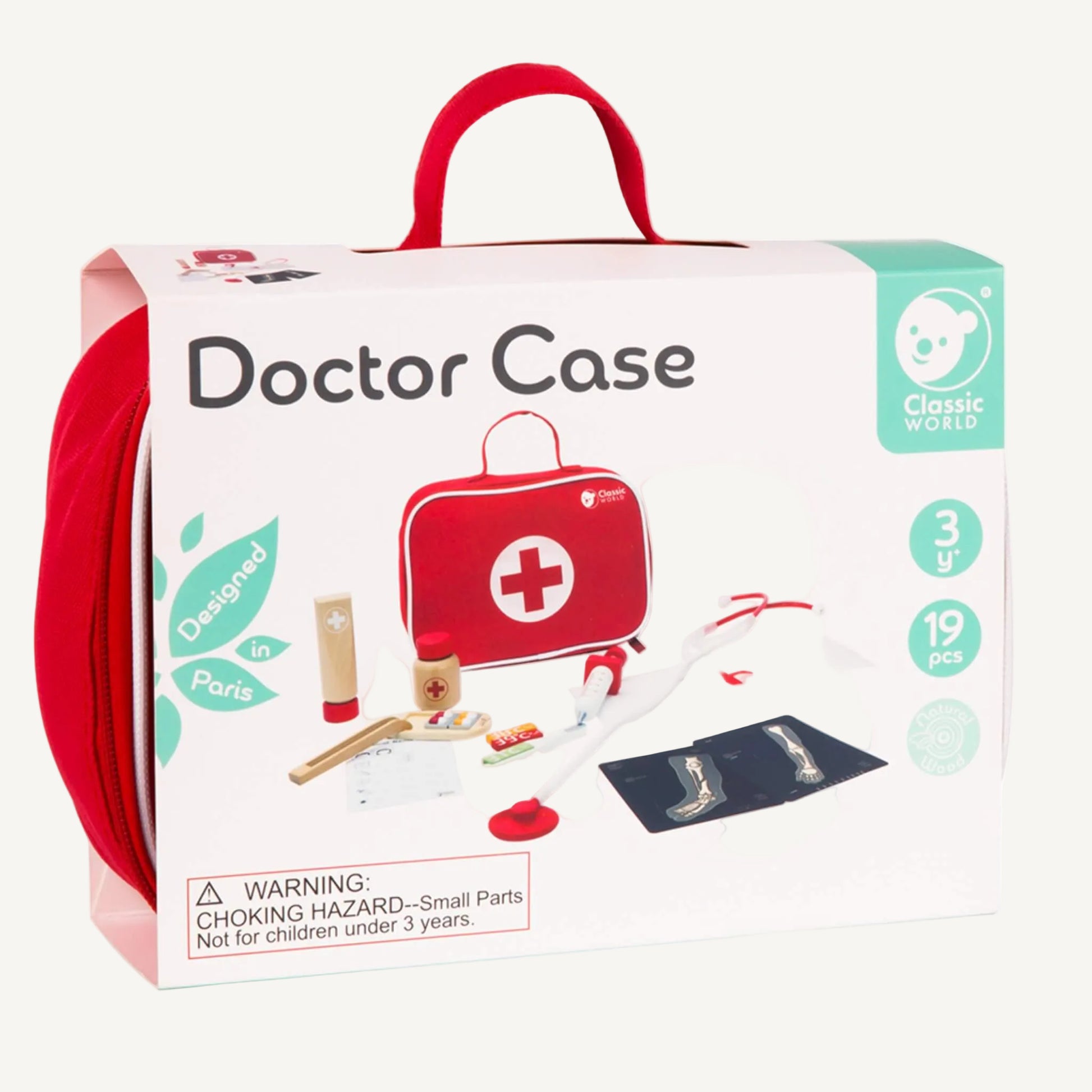 Product packaging showing doctor role play set with carry case and included accessories.