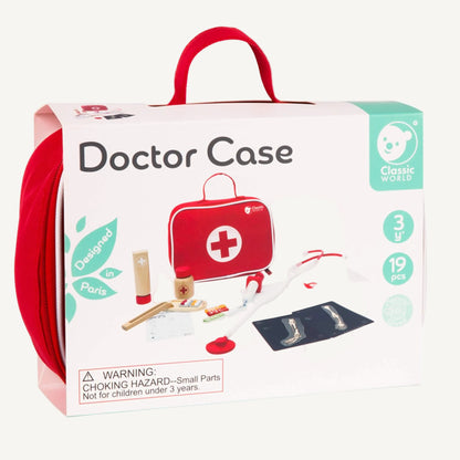 Product packaging showing doctor role play set with carry case and included accessories.