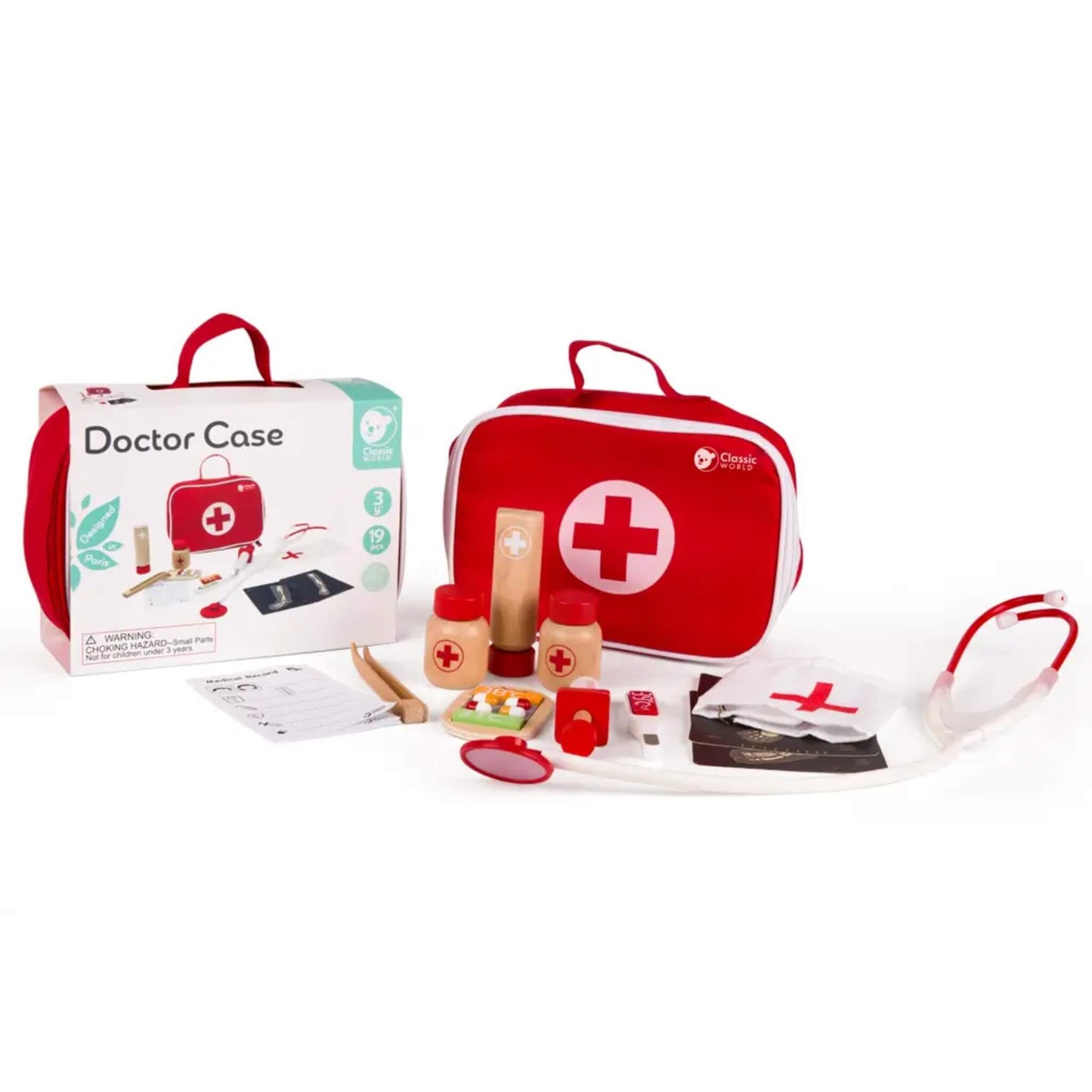 Wooden doctor kit set displayed with carry bag, medical tools and packaging box for pretend play.