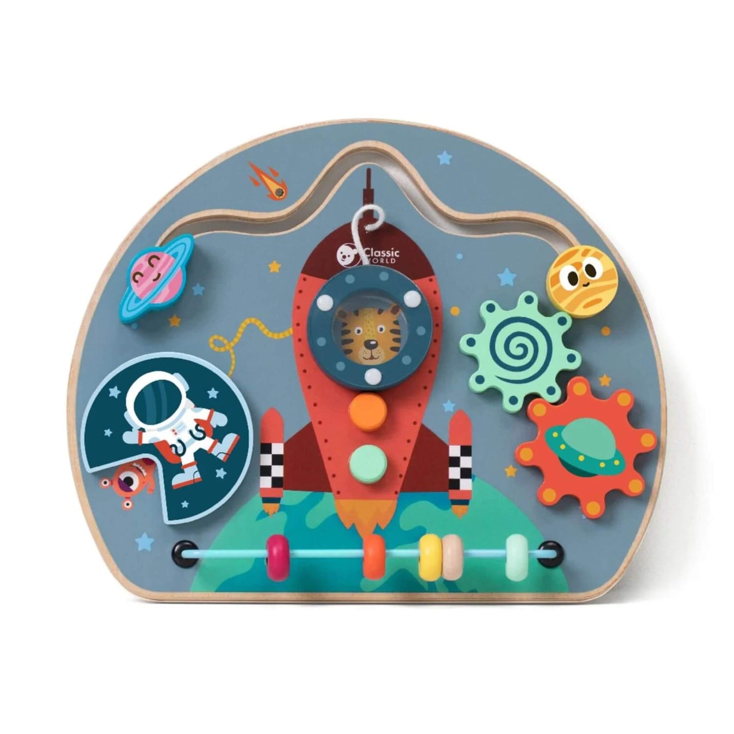 The Classic World Rocket Busy Board, a wooden space-themed activity board with gears, sliders, beads, and a magnetic astronaut feature.