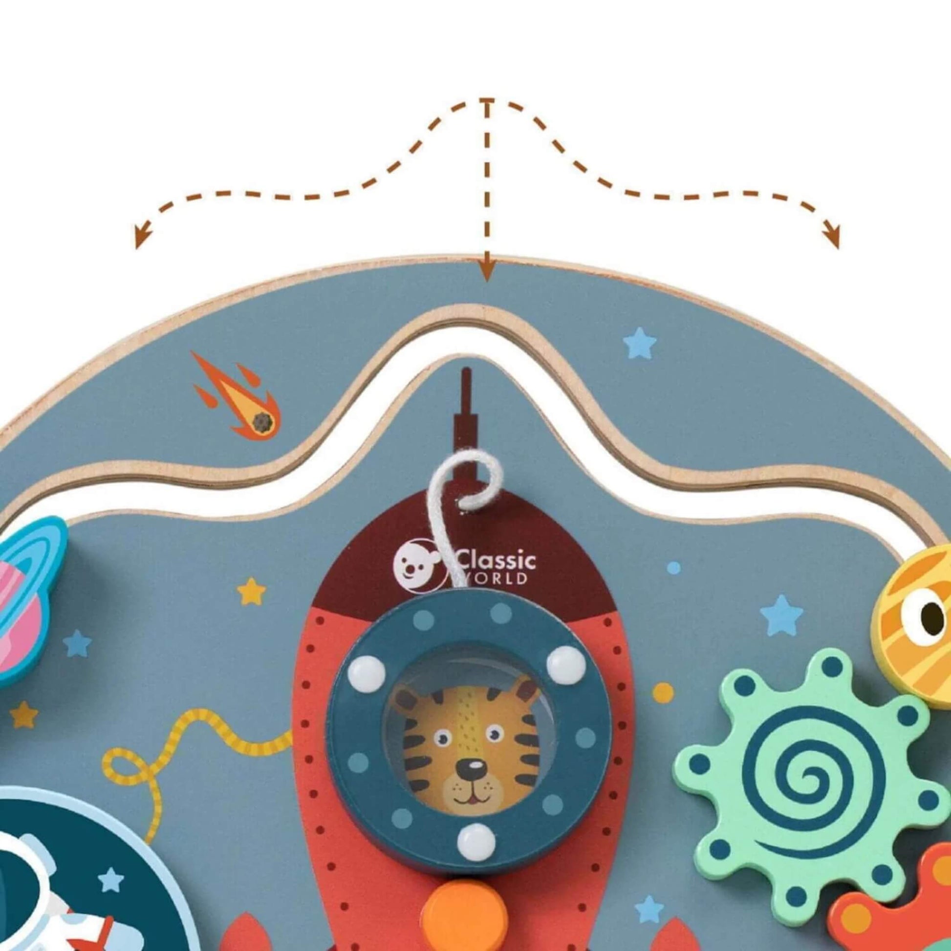 Close-up of a wooden rocket-shaped busy board showing a wavy track with a small yellow sun and planets.