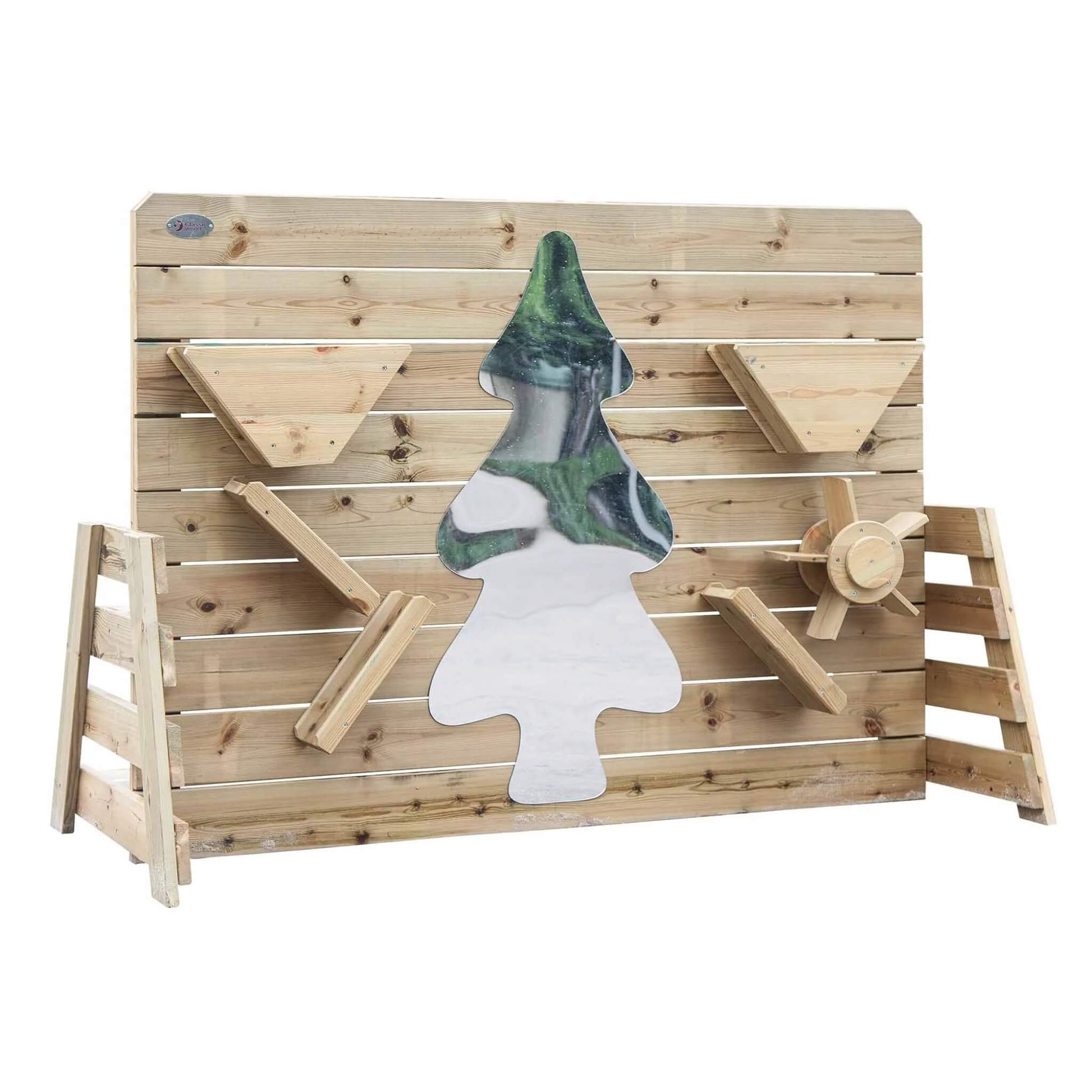 Classic World Sand Play Wall, a wooden outdoor activity wall with angled chutes, spinning wheel and mirrored tree for sand and water play.
