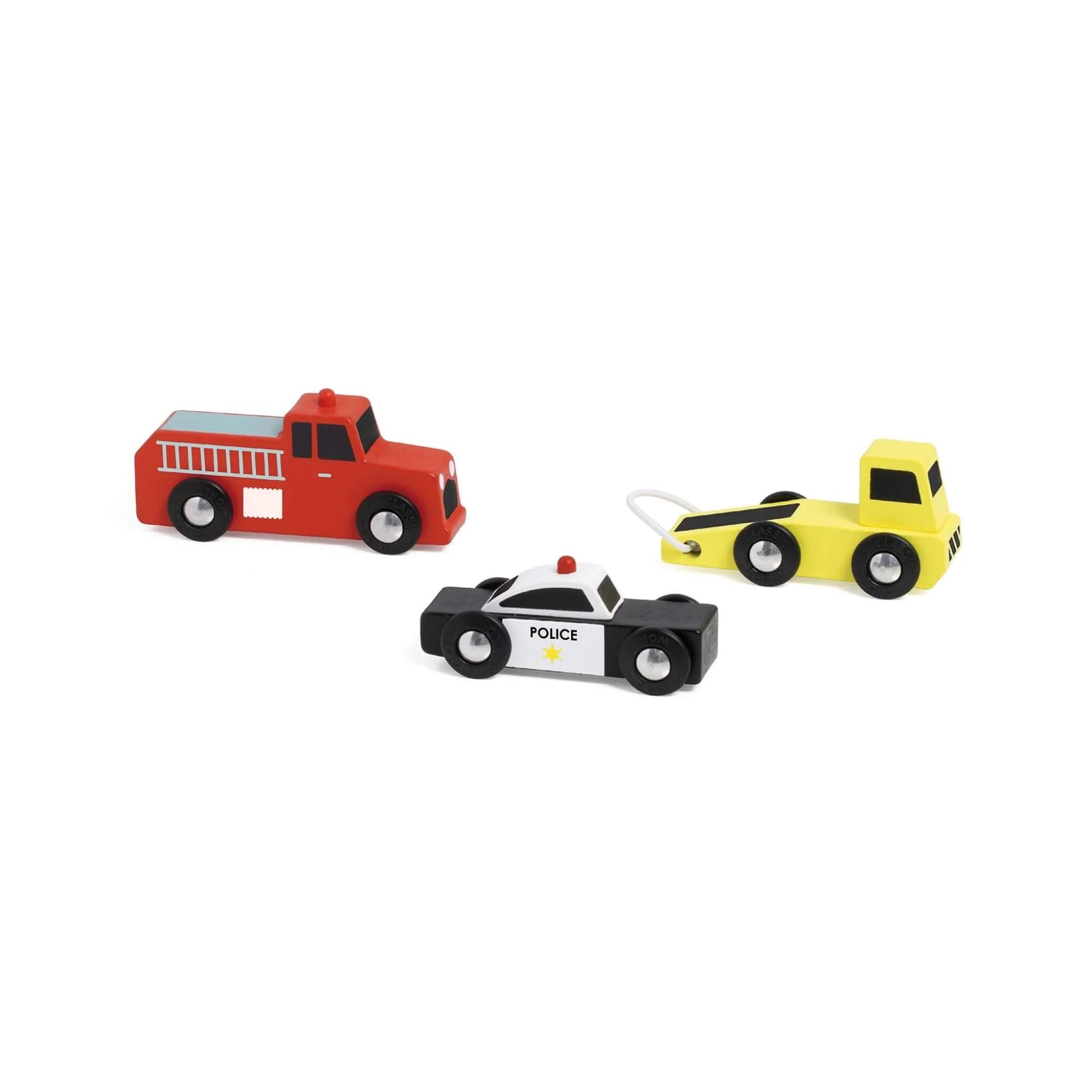 Classic World Service Car Set, featuring three wooden toy vehicles — a red fire truck, a black and white police car, and a yellow tow truck with black wheels.