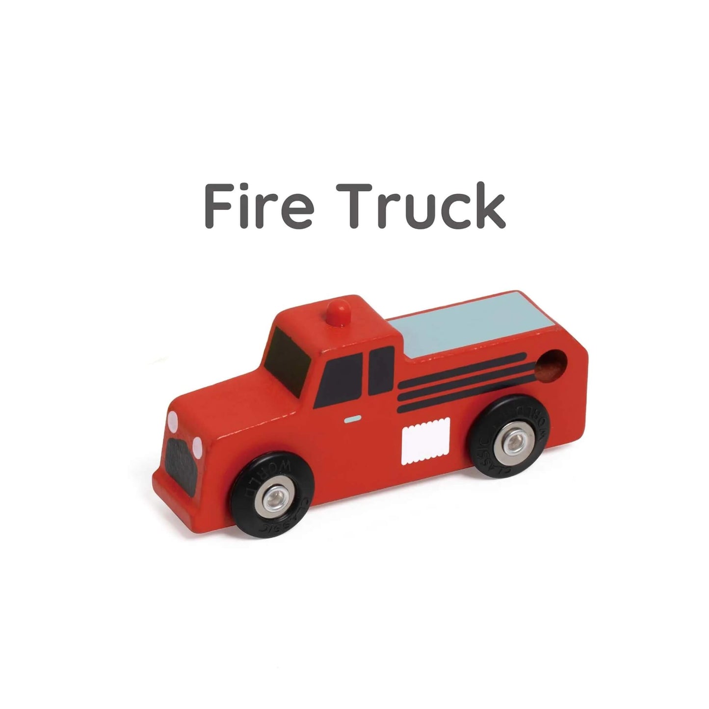 Close-up of red wooden toy fire truck with black wheels, ladder detail, and small red light on top.