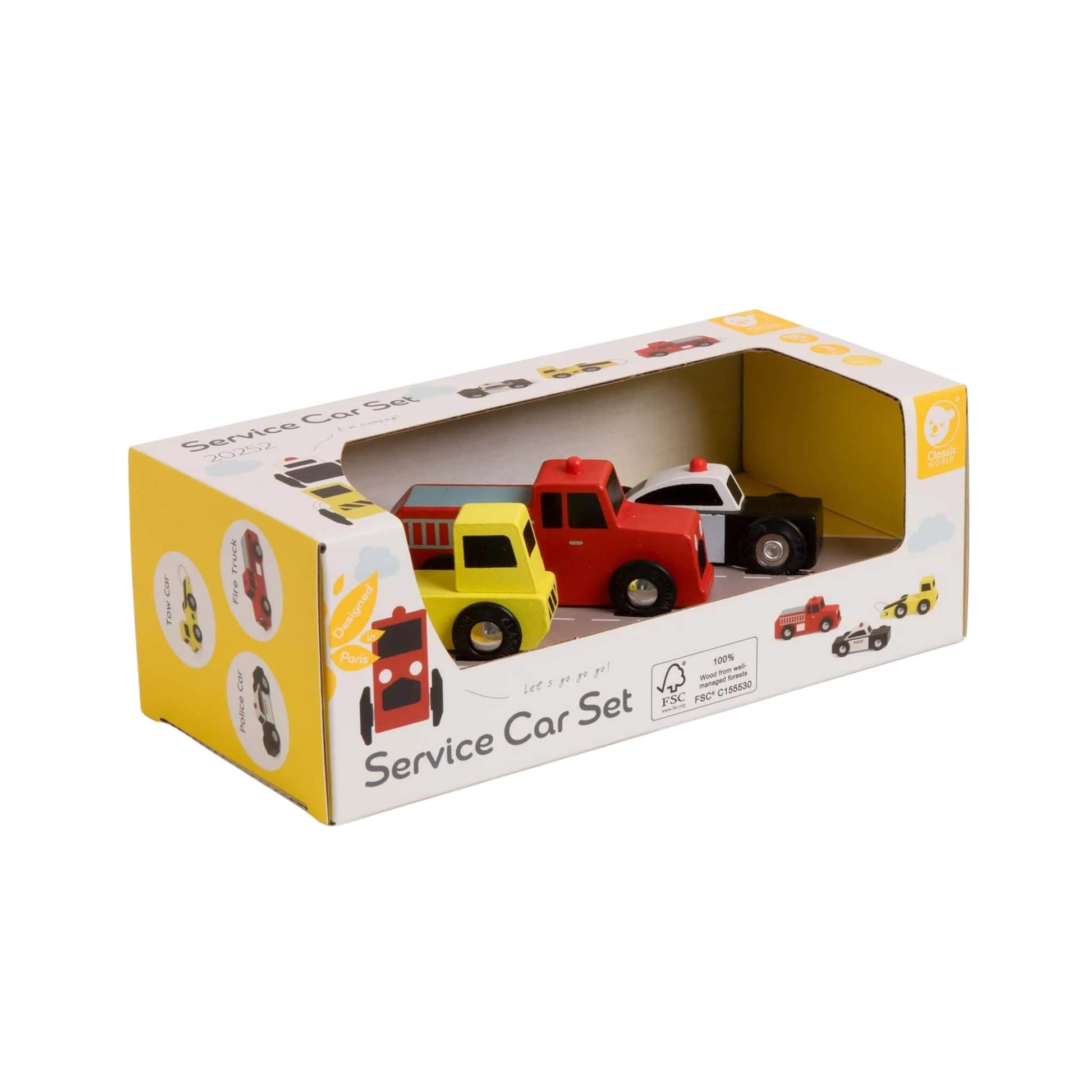 Classic World Service Car Set packaging, showing three wooden toy vehicles — fire truck, tow truck, and police car — inside an illustrated yellow box.