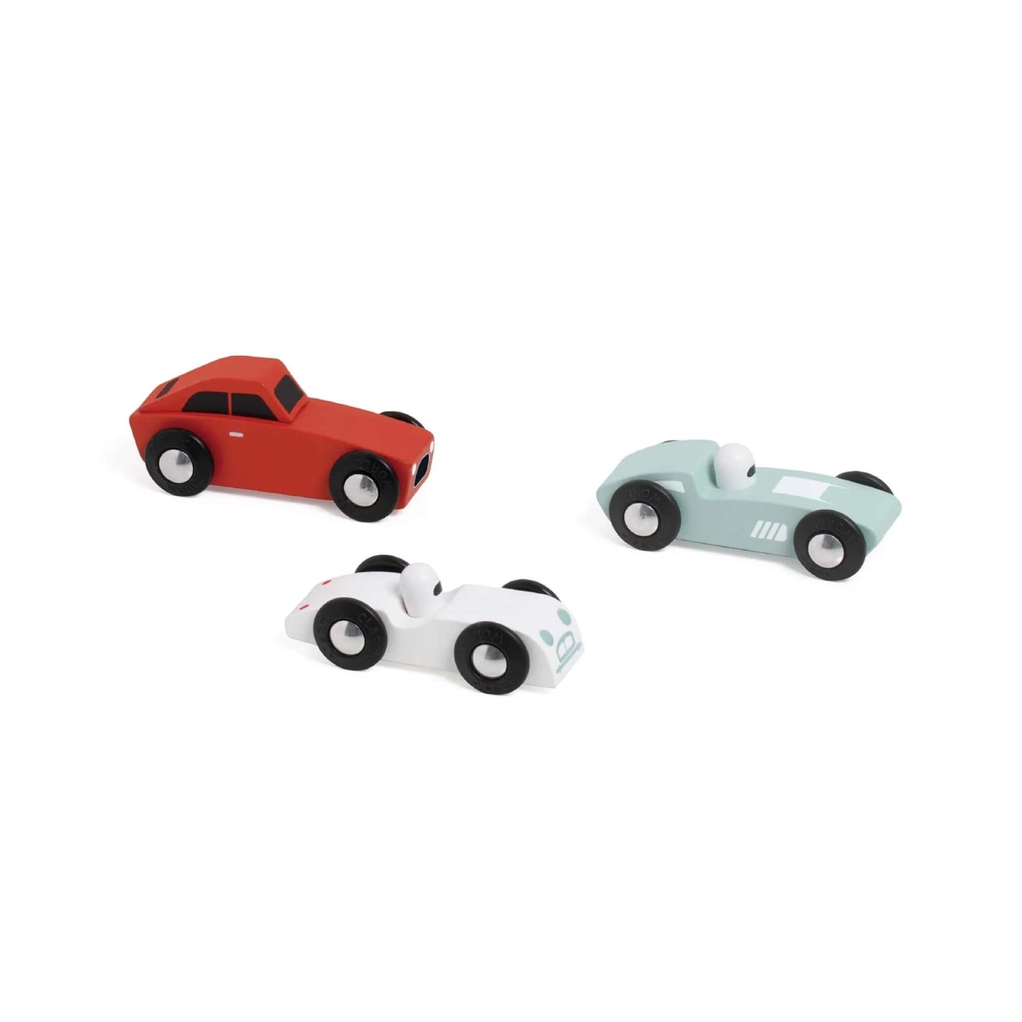 Classic World Sports Car Set, featuring three wooden toy cars — red coupe, white roadster, and pale blue racer — with black wheels and painted details.
