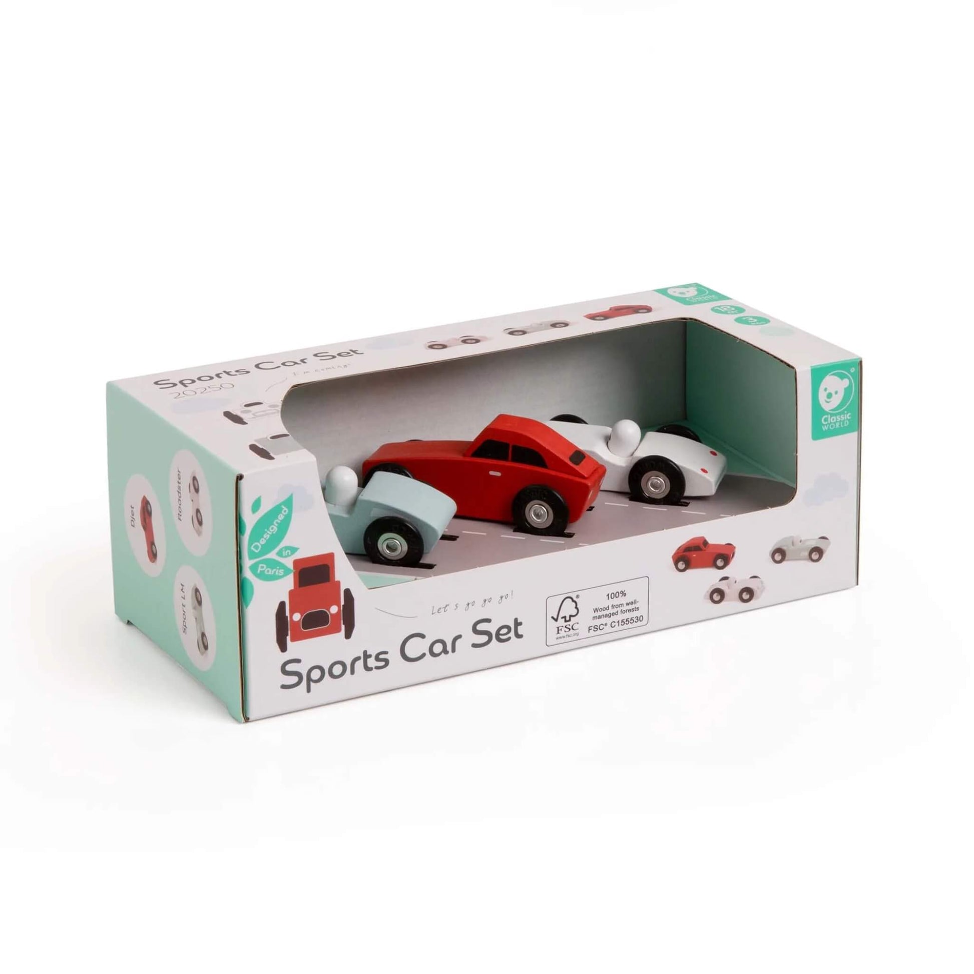 Classic World Sports Car Set in packaging, showing three wooden toy cars — red, white, and blue — displayed inside an illustrated box.