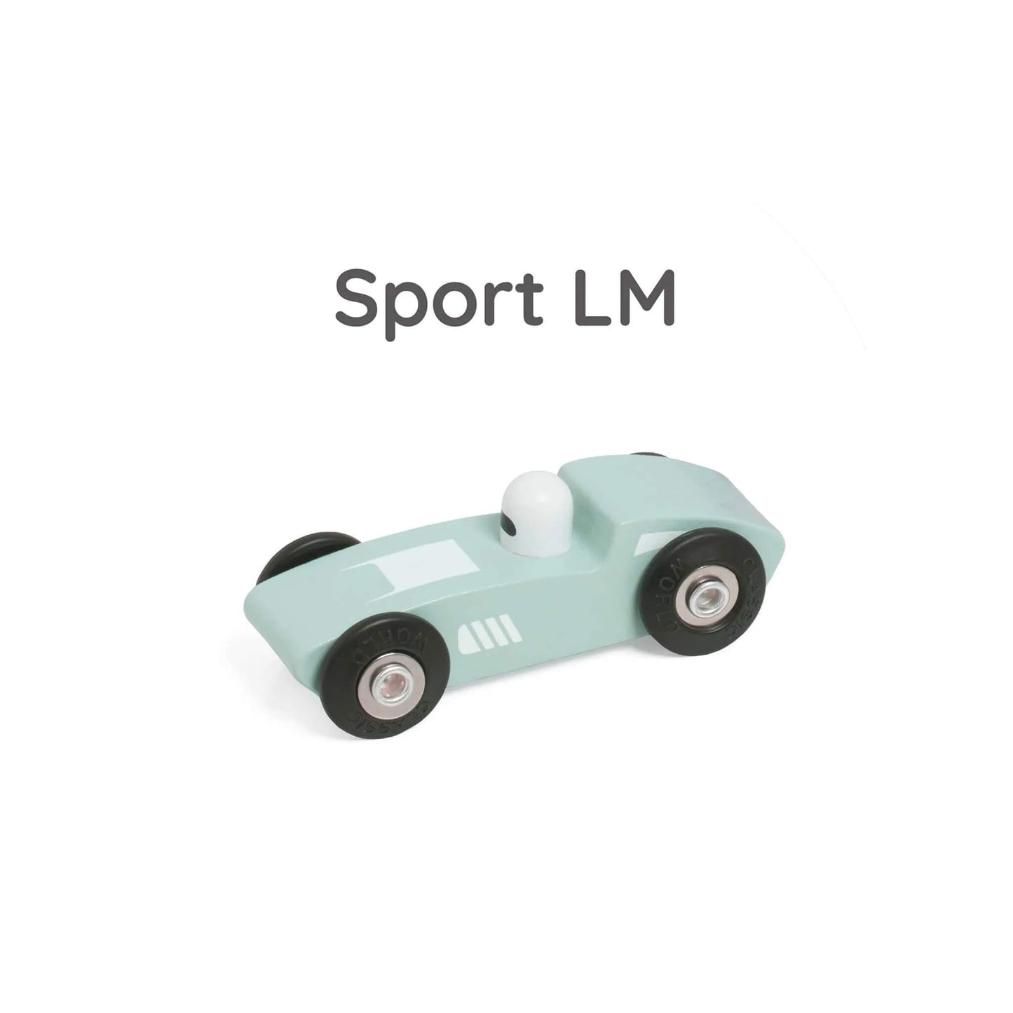 Pale blue wooden toy racer named Sport LM, with black wheels and a small white driver figure.