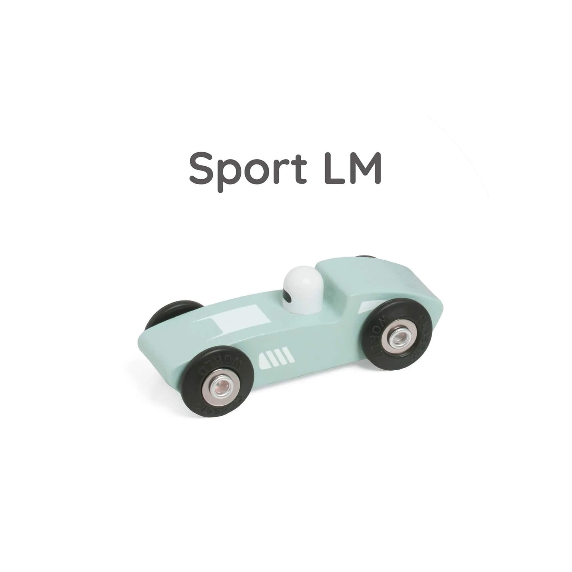 Pale blue wooden toy racer named Sport LM, with black wheels and a small white driver figure.