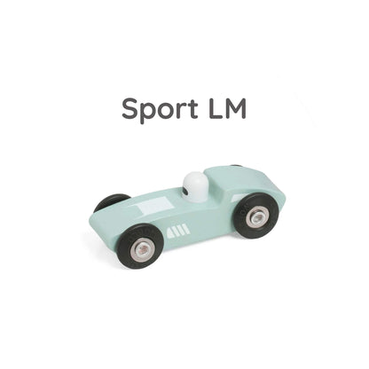 Pale blue wooden toy racer named Sport LM, with black wheels and a small white driver figure.