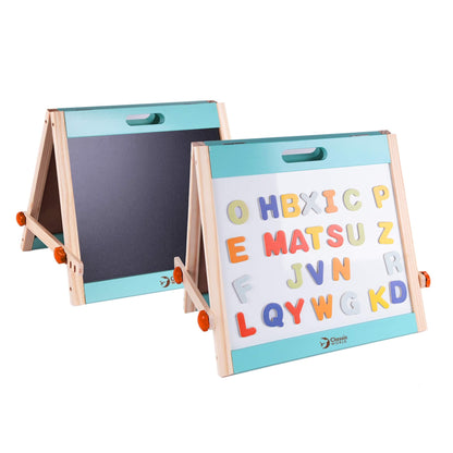 Classic World Tabletop Easel wooden children’s drawing easel with chalkboard and magnetic whiteboard, shown with colourful magnetic letters on a tabletop.