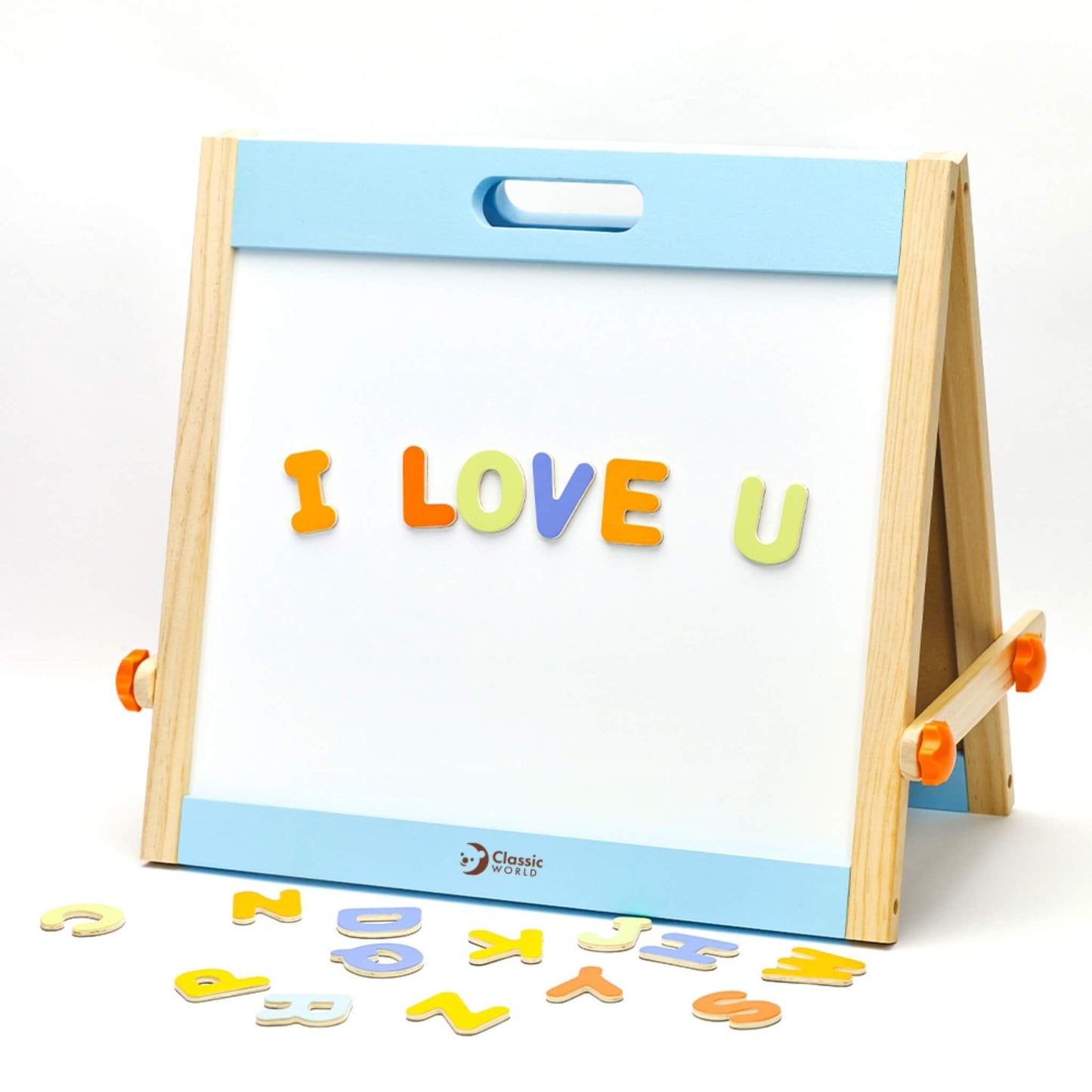 Wooden tabletop easel with magnetic whiteboard displaying colourful alphabet letters for early learning and letter recognition.