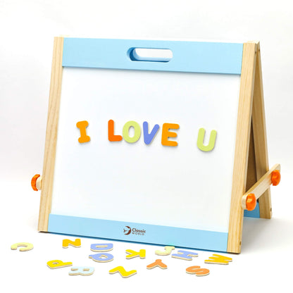 Wooden tabletop easel with magnetic whiteboard displaying colourful alphabet letters for early learning and letter recognition.
