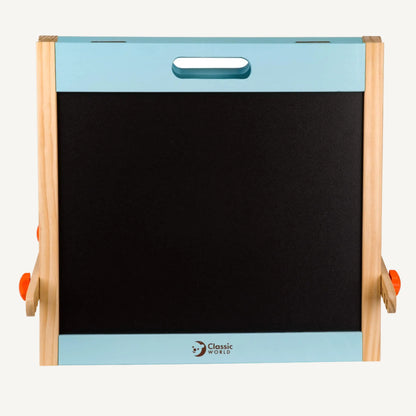 Wooden tabletop chalkboard ease, designed for chalk writing and creative play at home.