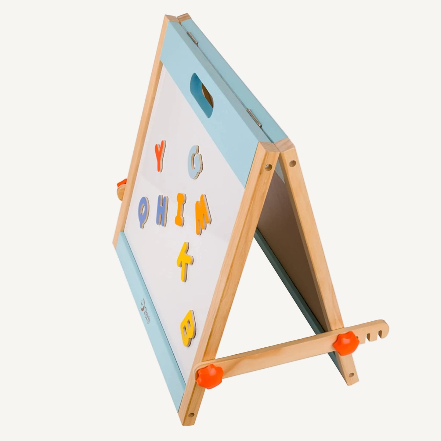 Foldable wooden tabletop easel shown side-on, with adjustable support arms and compact design for easy storage.