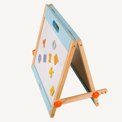 Foldable wooden tabletop easel shown side-on, with adjustable support arms and compact design for easy storage.