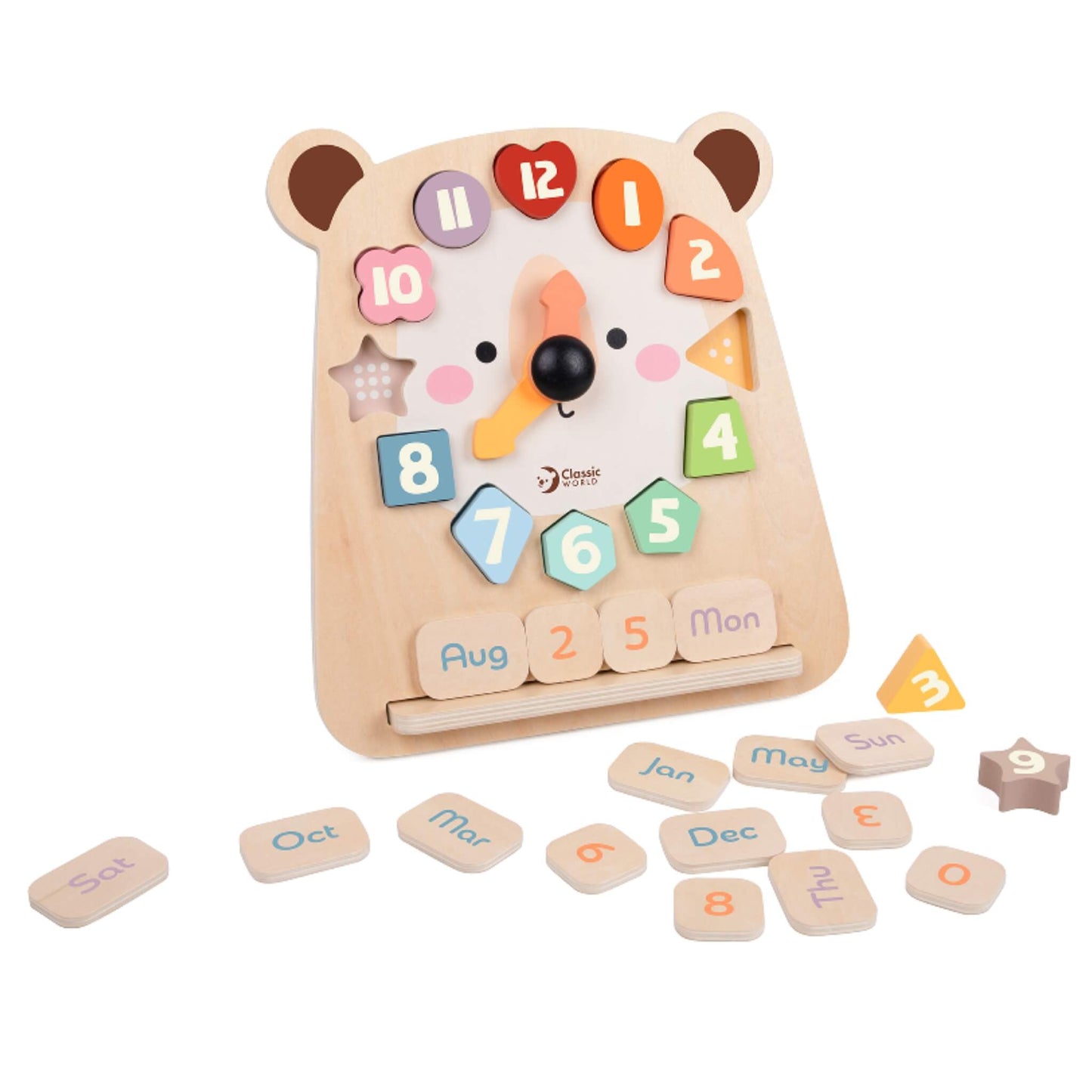Classic World Tic Tac Clock Game wooden learning toy with colourful number pieces and bear design teaching time, dates and shapes.