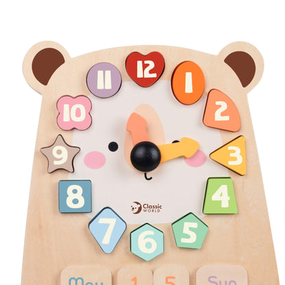 Close up of wooden clock toy showing colourful number shapes and rotating hands designed to help children learn telling time.