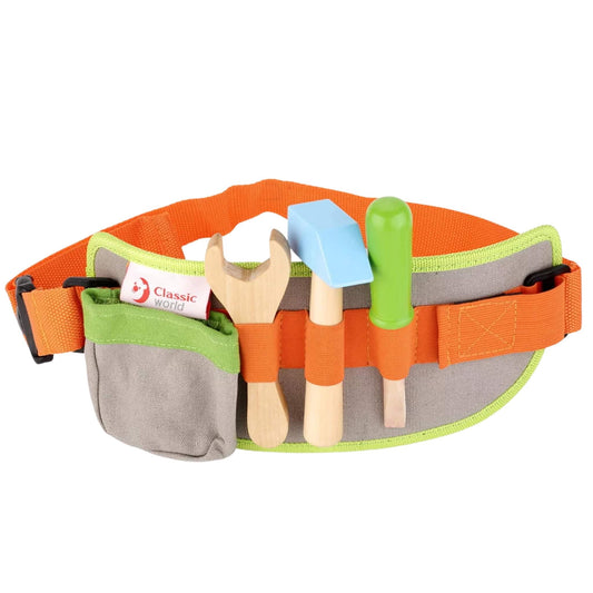 A Classic World children’s tool belt featuring a bright orange adjustable strap, soft canvas pouch, and three wooden tools including a wrench, hammer, and screwdriver.