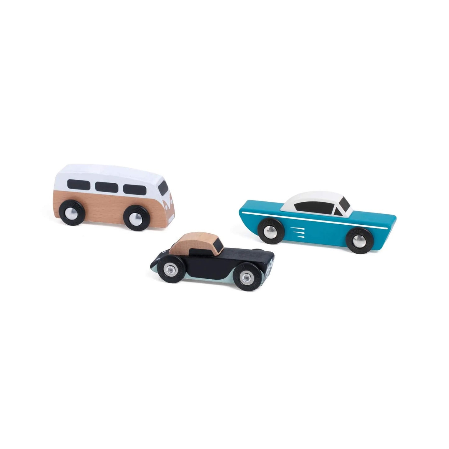Classic World Touring Car Set with three wooden toy vehicles, including a camper van, black convertible, and blue coupe, styled with vintage details.