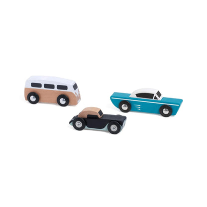 Classic World Touring Car Set with three wooden toy vehicles, including a camper van, black convertible, and blue coupe, styled with vintage details.