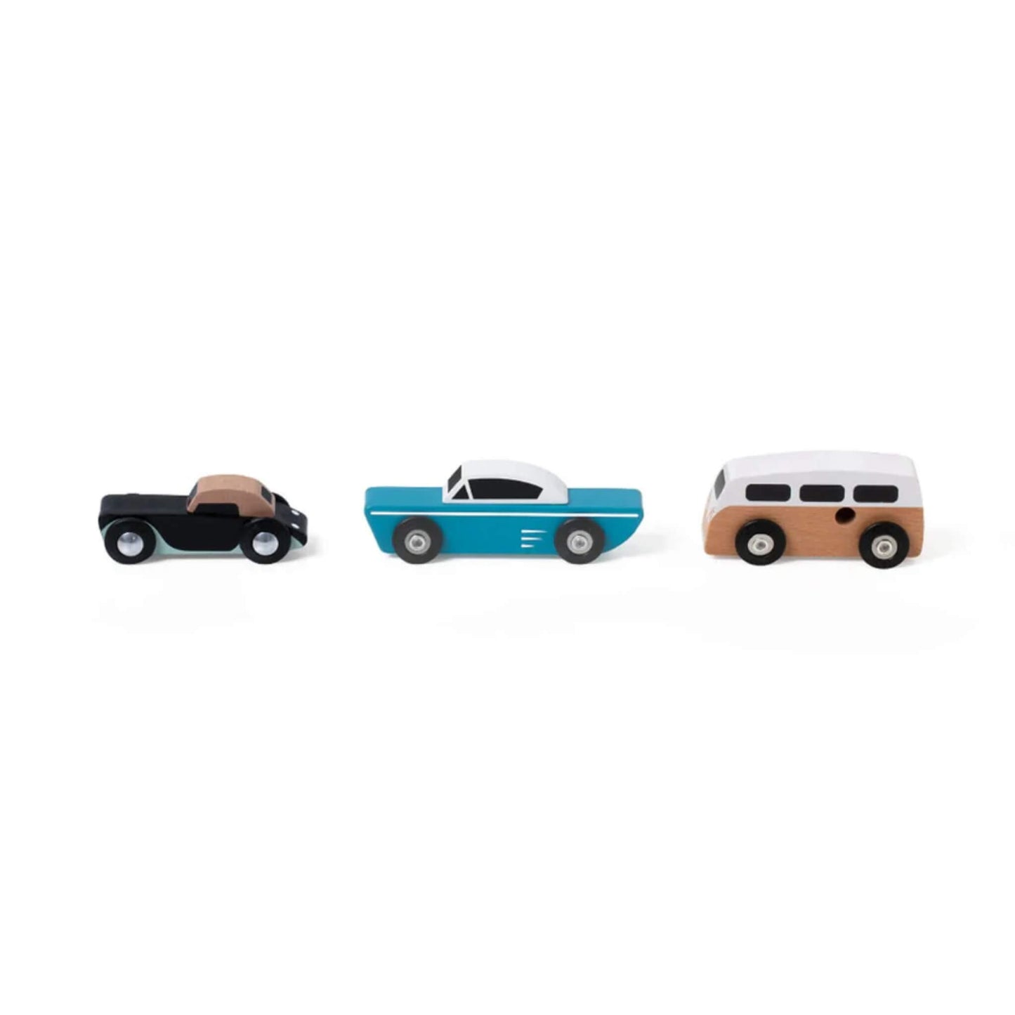 Top down view of three vintage-style wooden toy cars lined up: black convertible, blue coupe, and camper van.