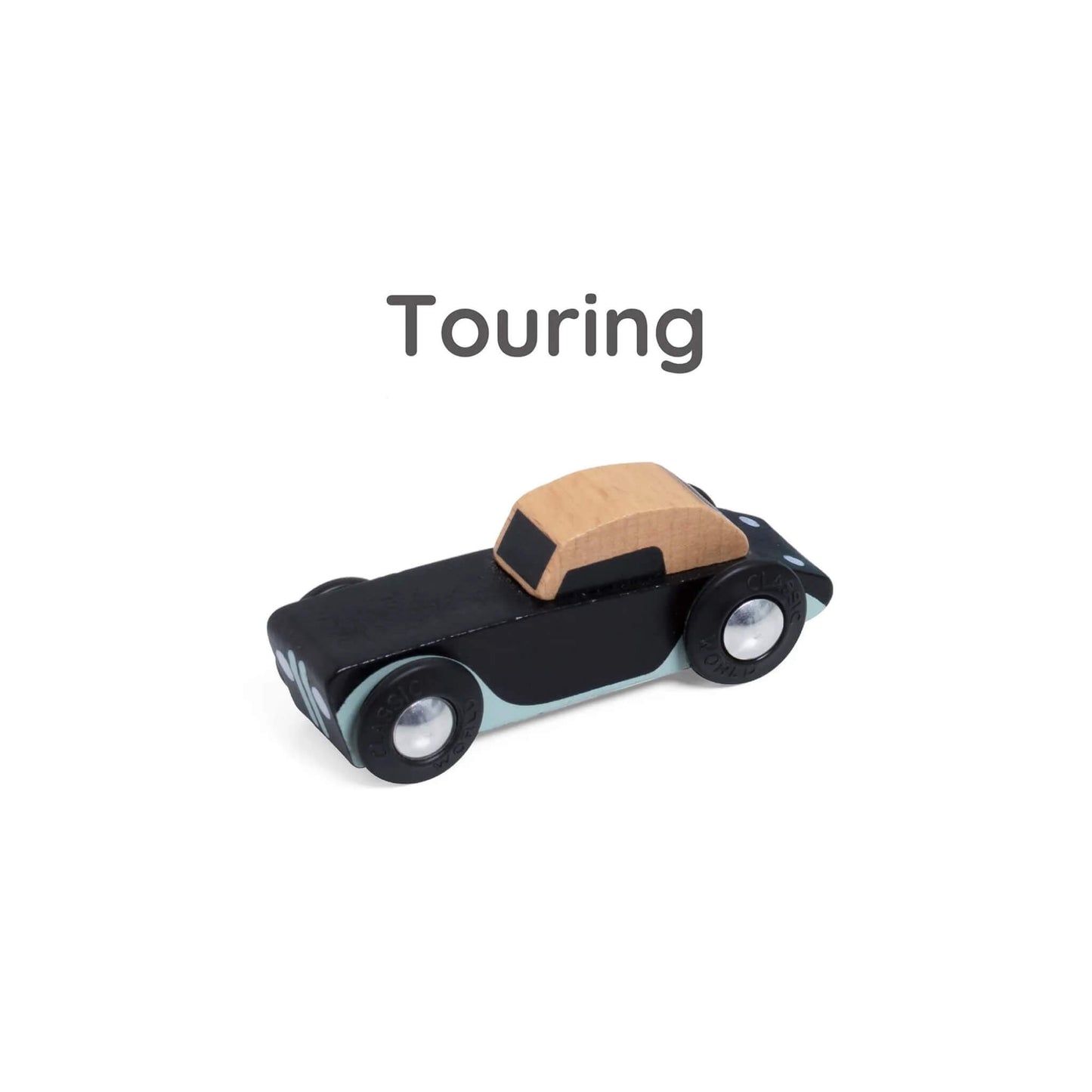 Close-up of black wooden toy convertible labelled “Touring” above, showing natural wood roof and soft blue trim.