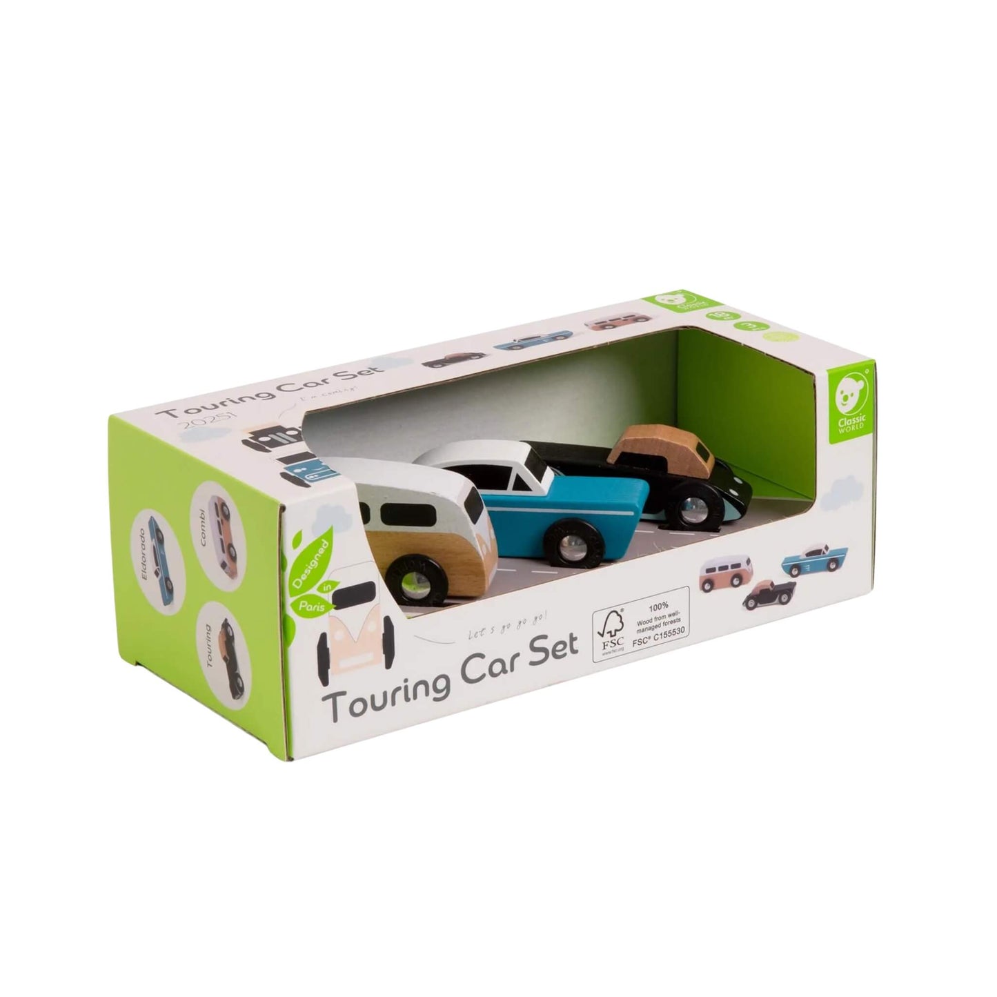 Product packaging box displaying the Classic World Touring Car Set with the three toy cars visible inside.