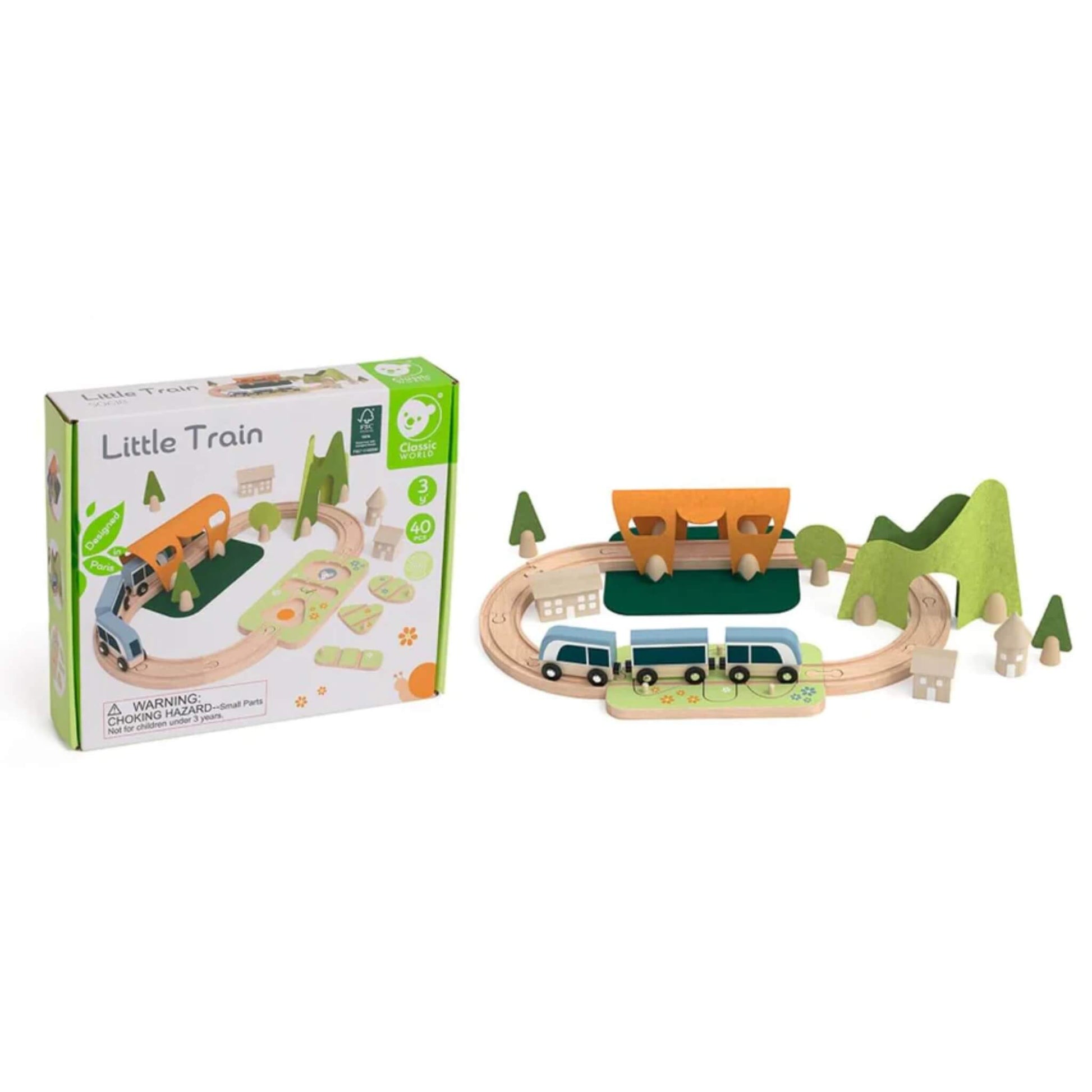 Product display showing a boxed wooden train set next to the assembled track, train, hills, tunnel, and village pieces.