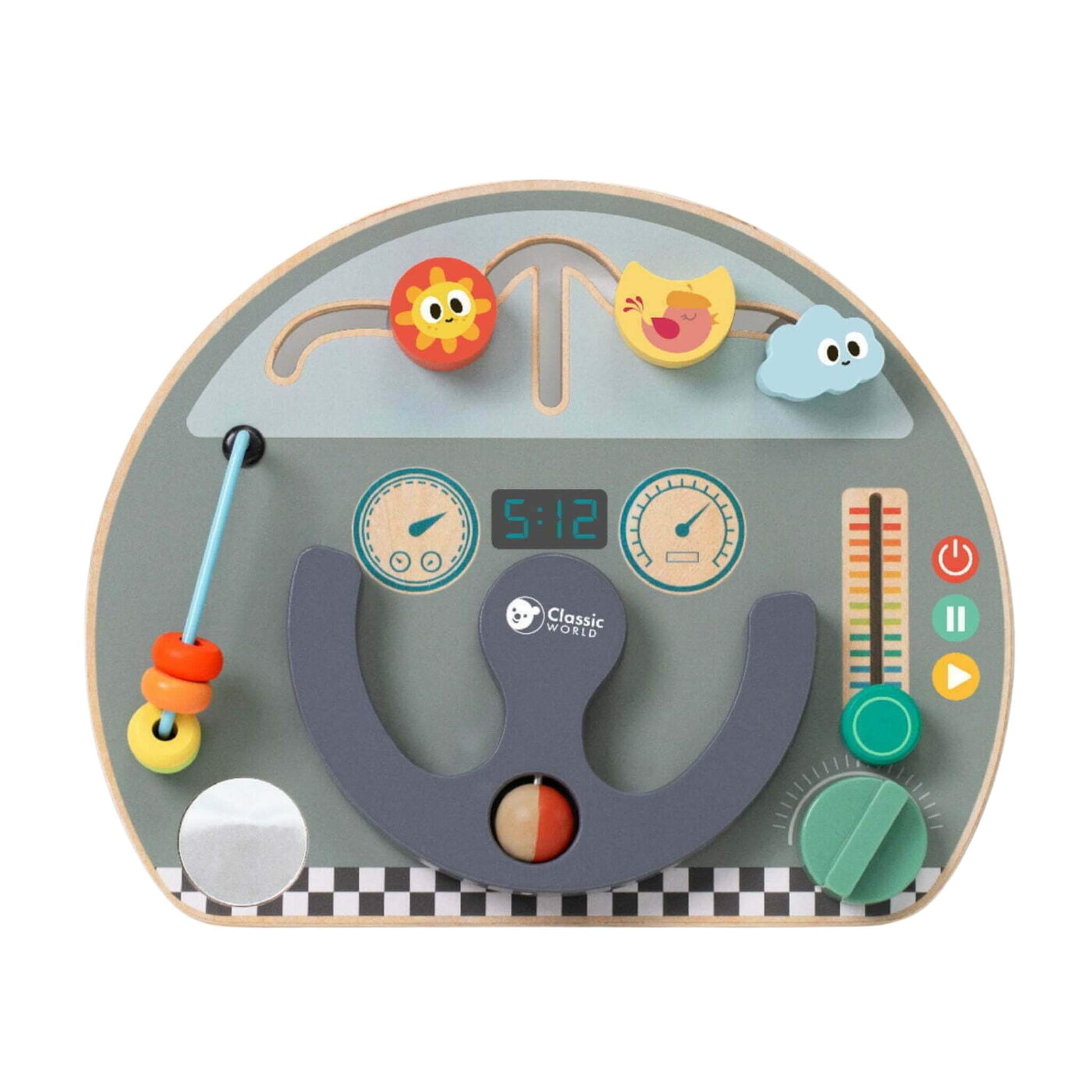 The Classic World Travel Busy Board, a compact wooden activity board with steering wheel, sliders, dials, and colourful travel-themed details.