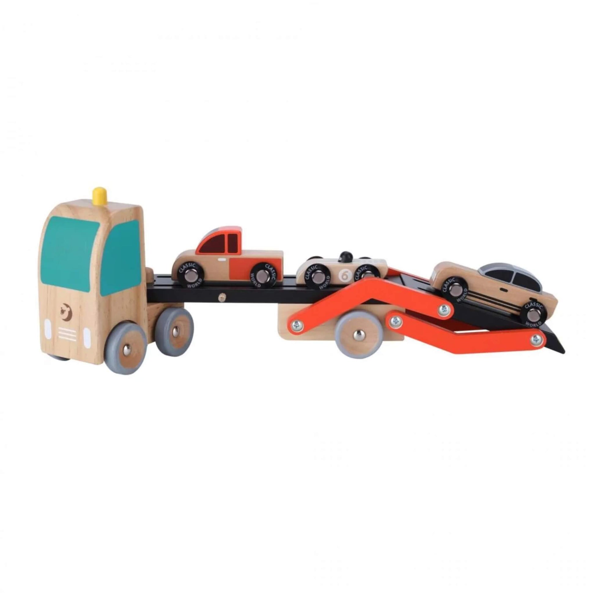 Classic World Vehicle Carrier, a wooden toy truck with ramp trailer and three small toy cars, shown assembled with cars loaded.