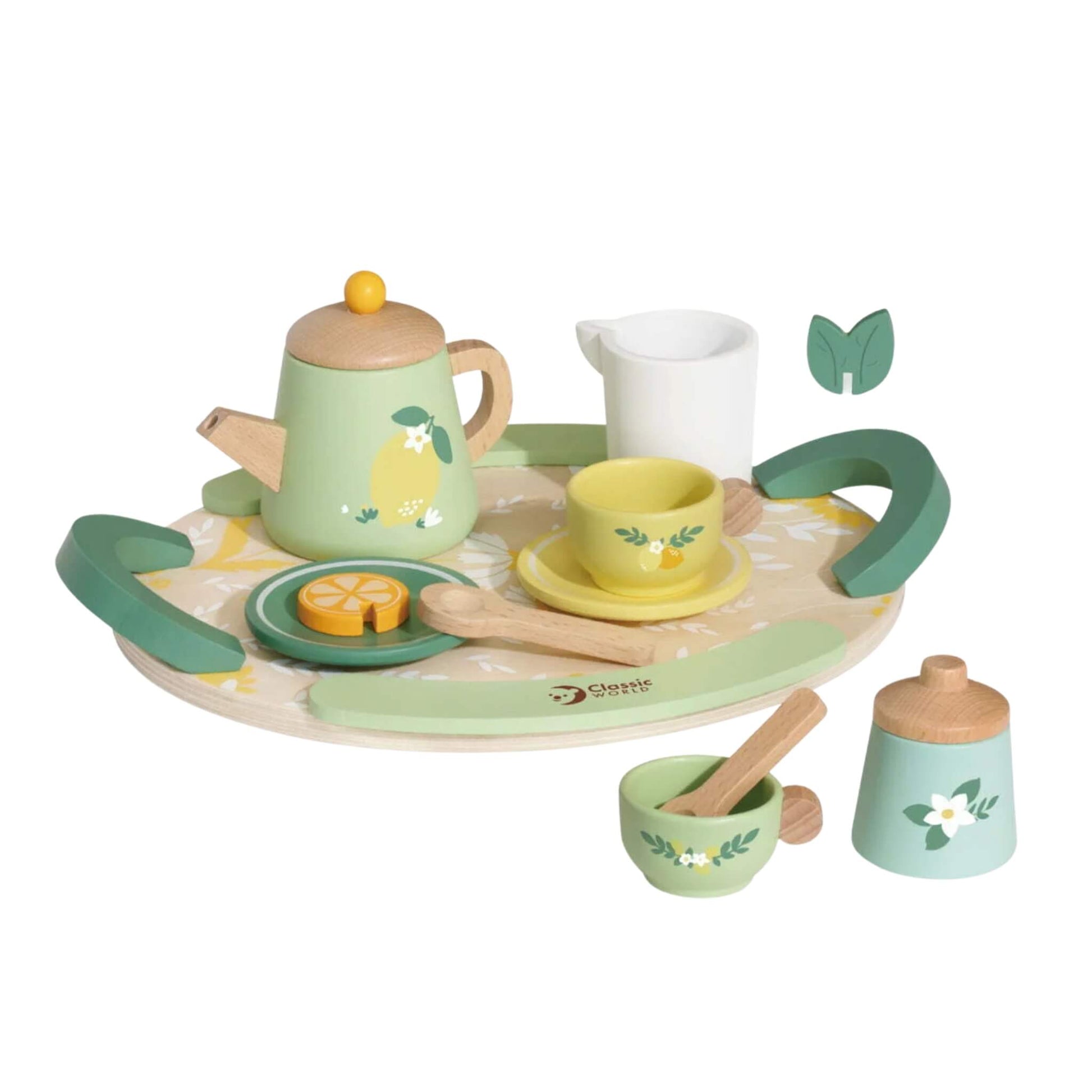 This Classic World Vintage Afternoon Tea Set includes a lemon-themed teapot, two cups with saucers, a milk jug, sugar bowl, spoon, and tray in soft pastel colours.