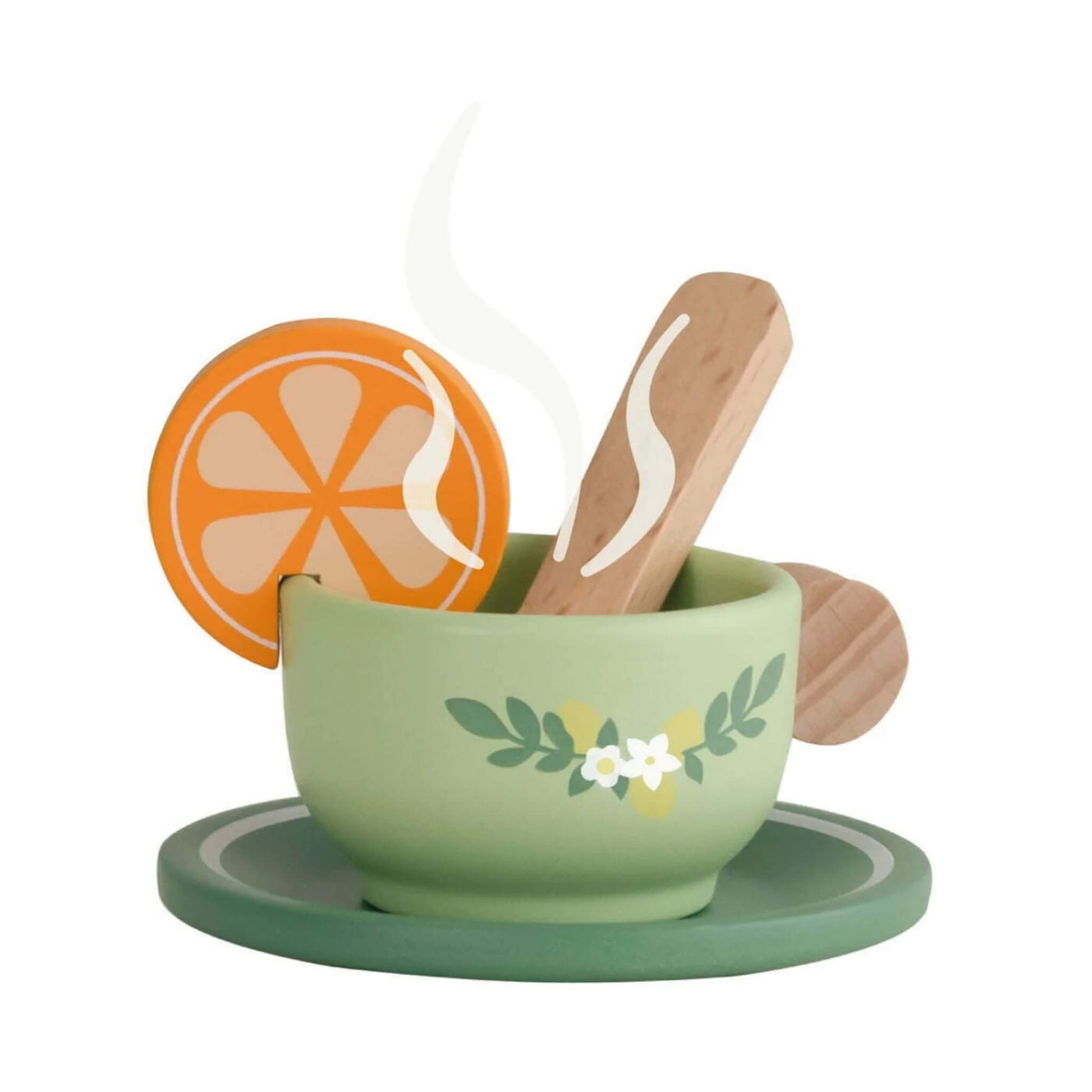 A wooden green teacup with floral decoration sits on a saucer, holding a slice of wooden orange and a stirring stick, with steam lines to suggest a hot drink.