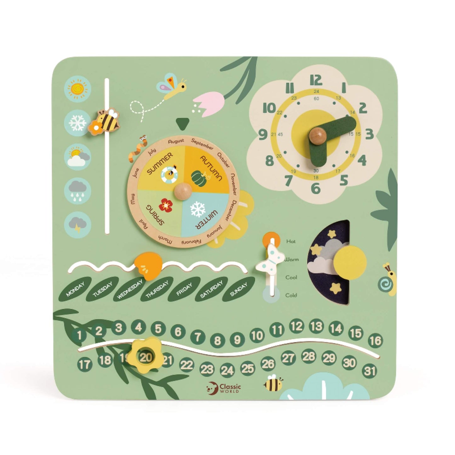 Classic World Vintage Calendar wooden learning toy with rotating dials for days, months, weather, and time, painted in soft pastel green with bee and flower details.