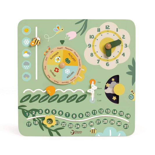 Classic World Vintage Calendar wooden learning toy with rotating dials for days, months, weather, and time, painted in soft pastel green with bee and flower details.