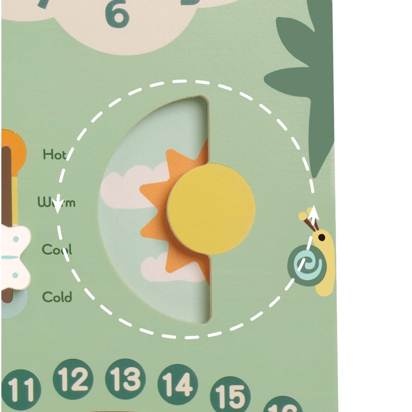 Detail of a circular slider showing a yellow sun and dark sky to represent day and night transitions on a wooden calendar board.