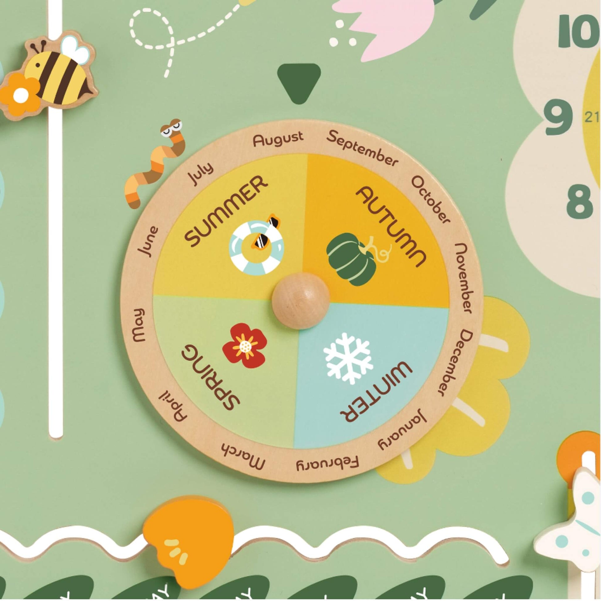 Wooden season wheel with sections for spring, summer, autumn, and winter, each illustrated with colourful icons like flowers and snowflakes.