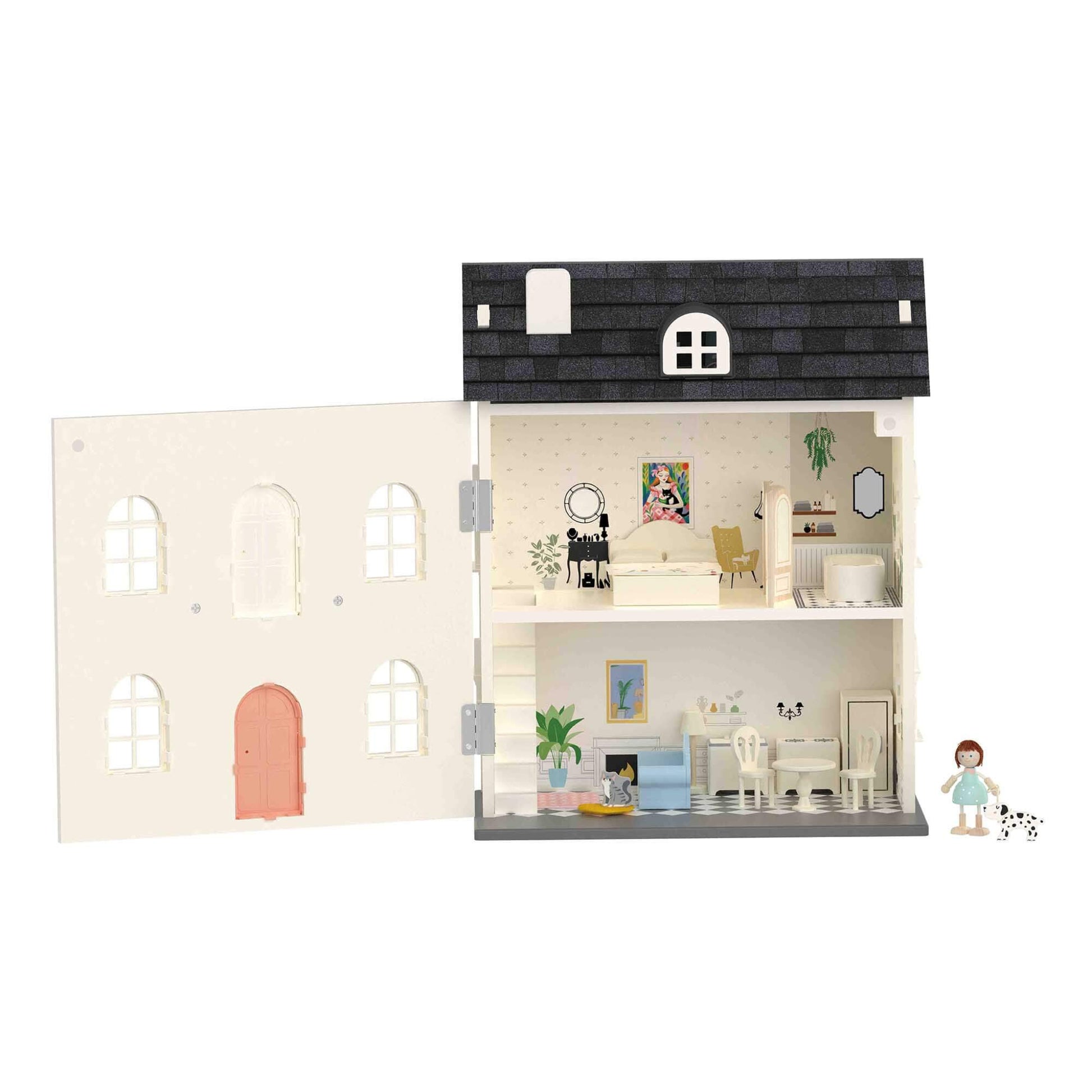 Vintage-style Doll House showcasing a 3-storey design with detailed furniture, openable doors, and accessories for imaginative play.