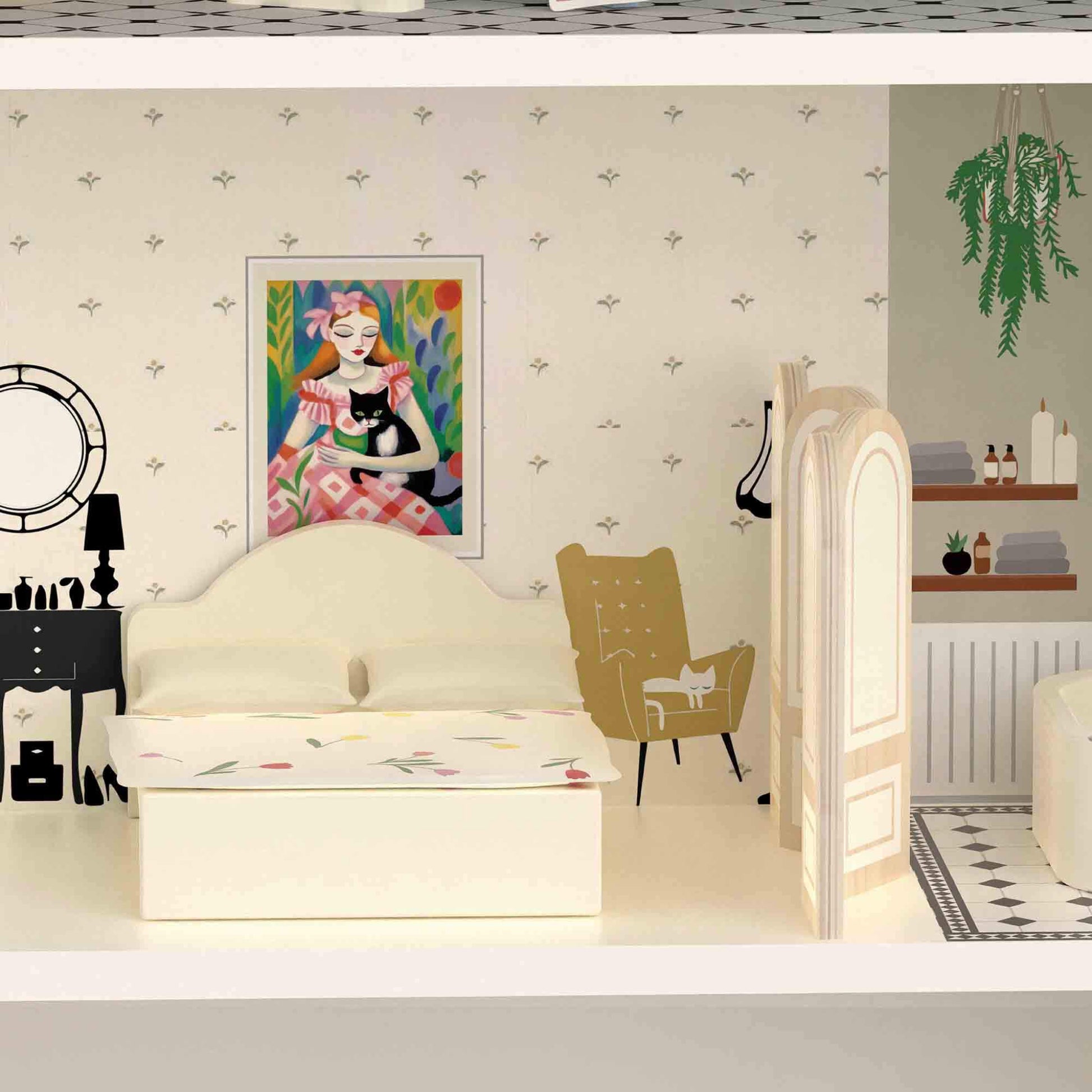 Close-up of a wooden vintage-style Doll House bedroom, showcasing a bed with floral bedding, decorative artwork, furniture, and intricate details.