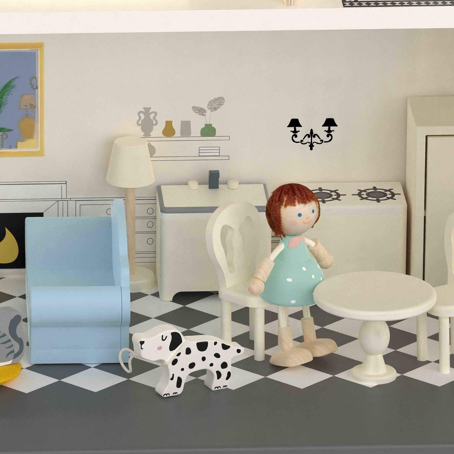 Close-up of a vintage-style wooden Doll House living room, featuring a doll, furniture, a Dalmatian figure, and detailed decorative elements.