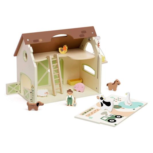 Classic World vintage wooden farm playset barn with animals and farmer figure pretend play toy.
