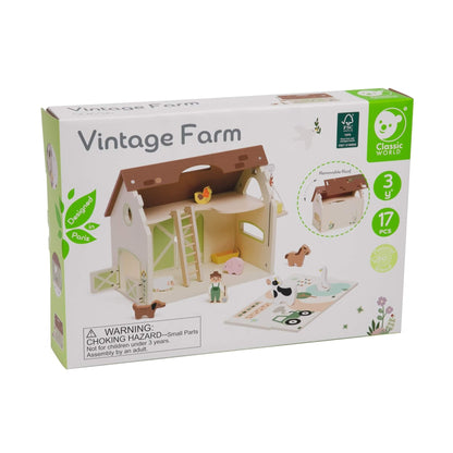 Classic World vintage farm playset packaging box showing wooden barn toy with 17 pieces and accessories.