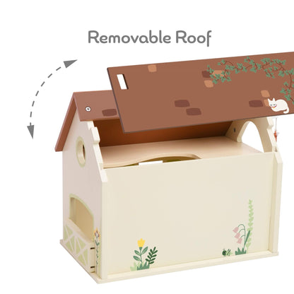 Wooden toy barn with removable roof revealing open interior play space and loft area.