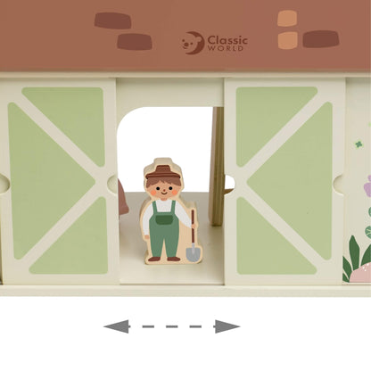 Sliding barn doors on wooden farm toy opening to reveal farmer figure inside.
