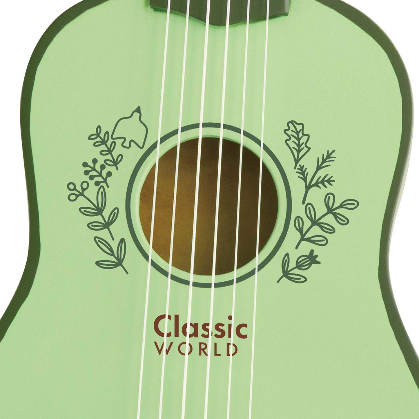 Close-up of a vintage-style wooden child's guitar's soundhole, featuring a green floral design and the Classic World toys logo, perfect for young musicians.