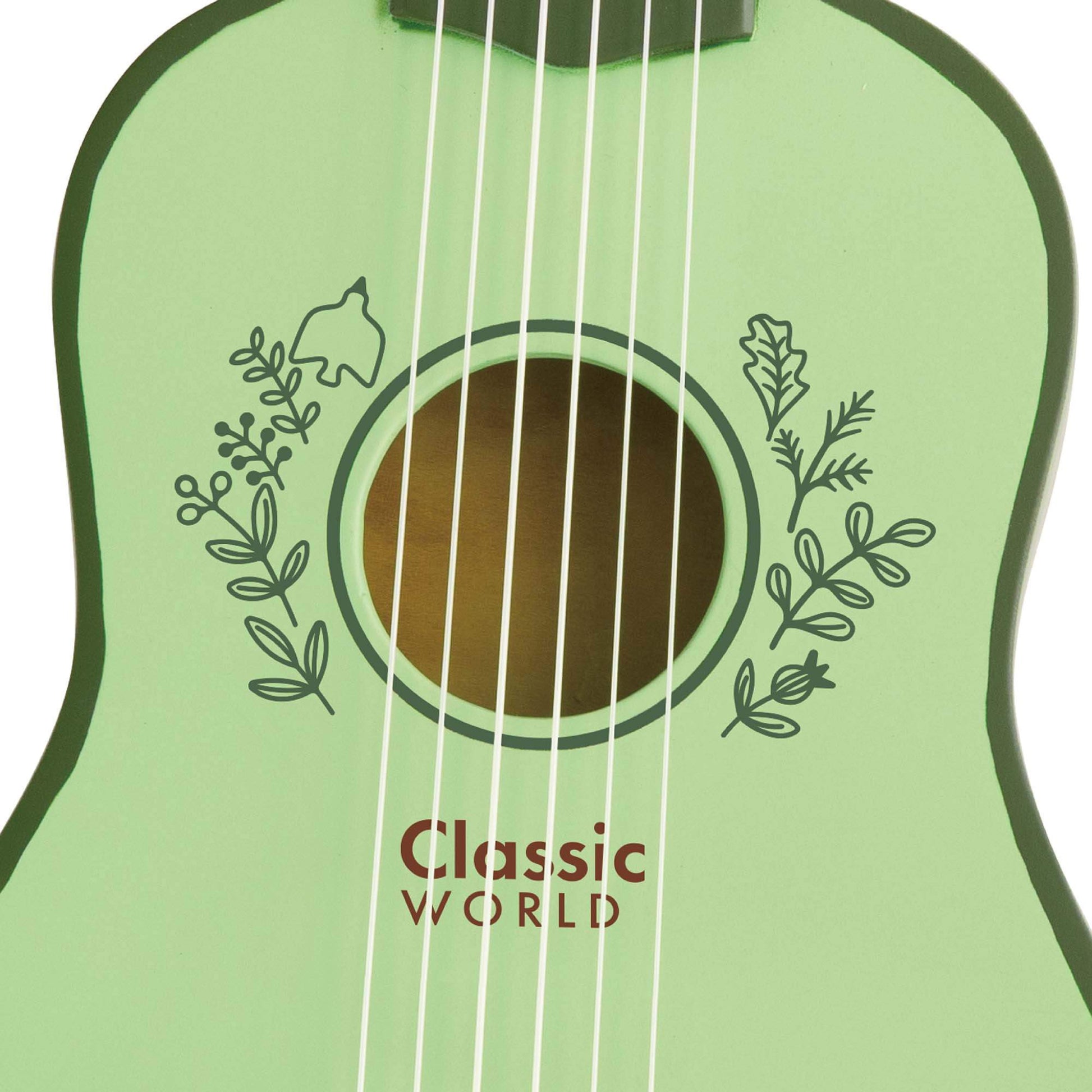 Close-up of a vintage-style wooden child's guitar's soundhole, featuring a green floral design and the Classic World toys logo, perfect for young musicians.