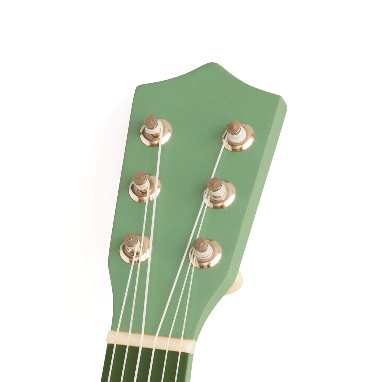 Close-up of a wooden toy guitar headstock in green with six tuning pegs.