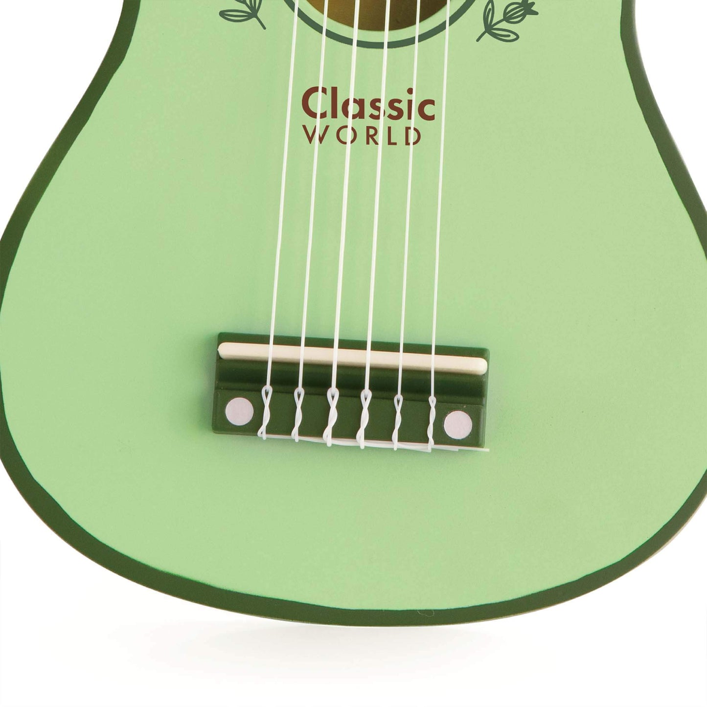 Close-up of a wooden vintage-style classic kids guitar's bridge and strings, showcasing its green finish and child-friendly design.