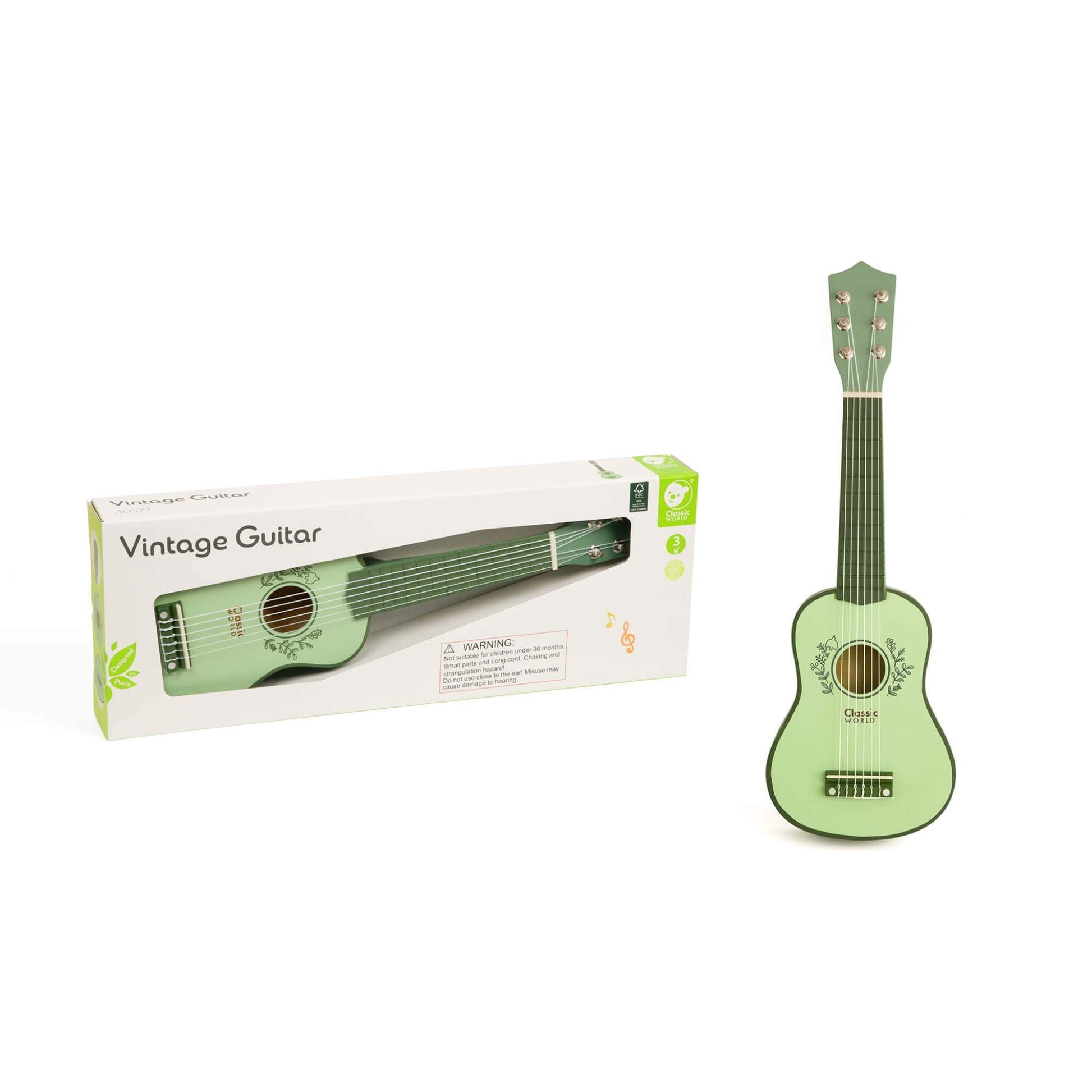 Classic World Vintage Guitar in green shown next to its packaging, perfect for young musicians aged 3 and up.
